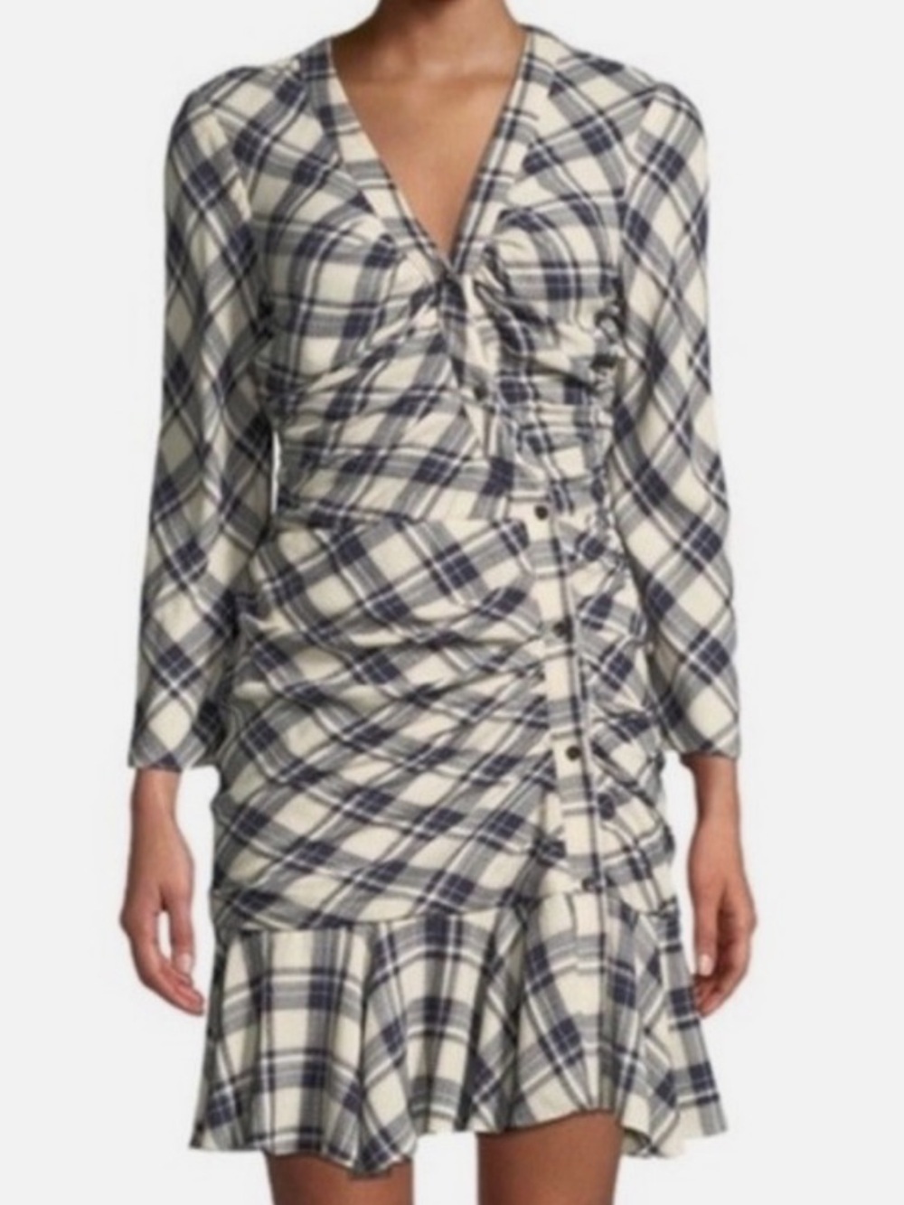 Veronica Beard Rowe Plaid Ruched Long-Sleeve Dress Navy/ Cream